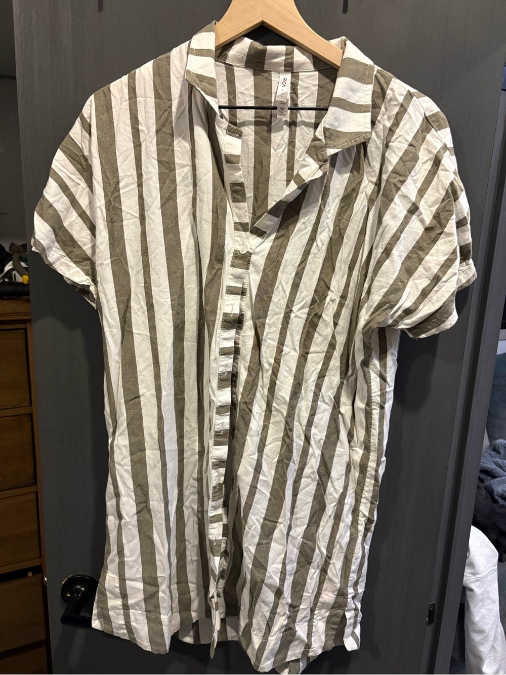 Striped Short-Sleeve Button-Up Shirt - White & Olive (swim cover up)